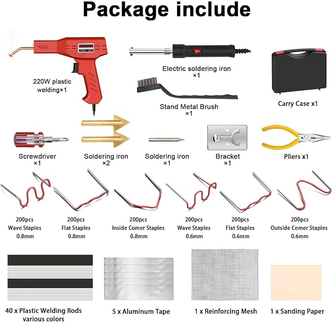 220W Plastic Welder, 1200PCS Staples 40PCS Rods Plastic Welding Kit, 5 in 1 Welding Tips Tape Sandpaper Wire Mesh Stand Metal Brush Screwdriver Plastic Welder Kit Bumper Repair Kit (Red)