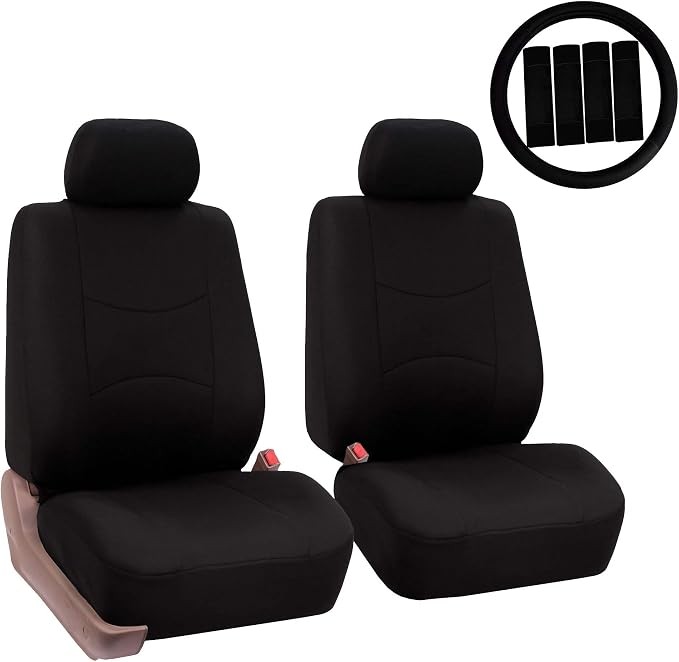 FH Group Car Seat Covers Flat Cloth Front Seats Only Black Automotive Seat Cover, Airbag Compatible Universal Fit Interior Accessories Cars Trucks SUV Combo Steering Wheel Cover & Seat Belt Pads
