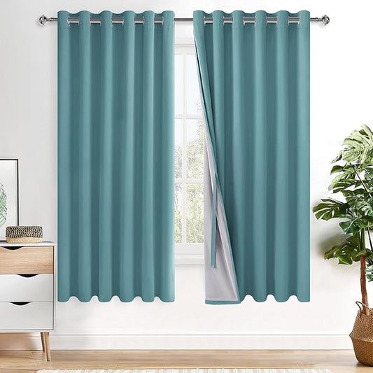 XWZO 100% Blackout Curtains - Thermal Insulated Black Liner Curtains, Noise Reducing and Heat Blocking Drapes for Hall and Studio Windows with Tiebacks, Stone Blue, W70 x L63, Set of 2