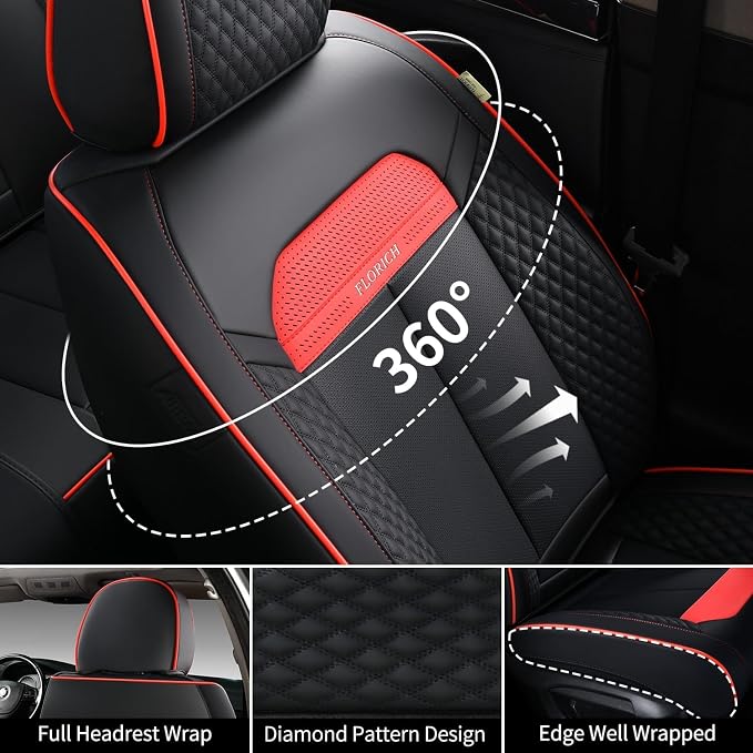 FLORICH Car Seat Covers Front Set, Breathable Premium Leather Seat Covers, Automotive Vehicle Seat Covers for Cars Trucks Vans SUVs Sedans (Dark red line)