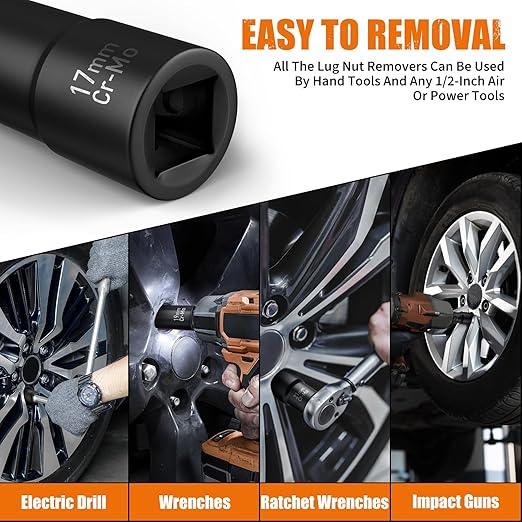 GIREORAN Wheel Lock Removal Kit, 10 Piece Lug Nut Remover, 1/2-Inch-Drive Impact Easy Out Bolt Extractor Socket Set for Removing Damaged, Frozen, Rusted, Rounded-Off Bolts, Nuts & Screws