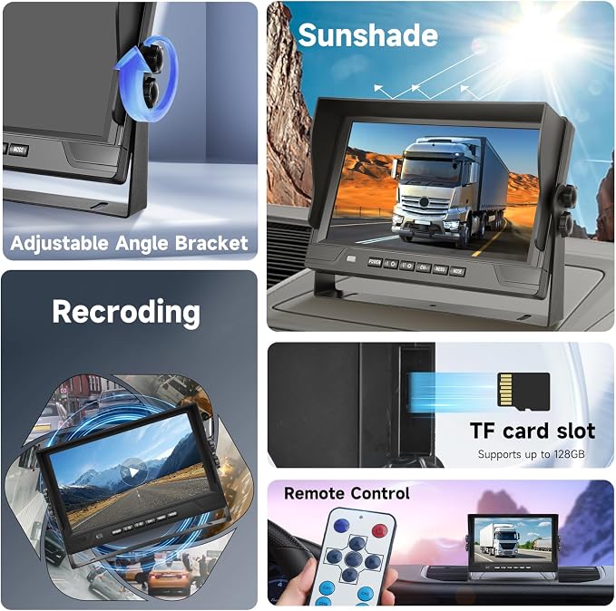 4 Channel 9 inch IPS Backup Camera System with Monitor for Tracks,RVs,Tractors, Bus, CementTruck, HD 1080P Wired Reverse Camera Waterproof Night Vision 4 Cameras Support Recording, Plug and Play