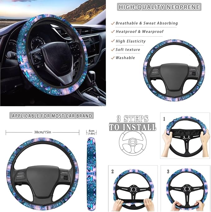 Xoenoiee Blue Sparkling Butterfly Print 11 Pieces Car Accessories Set, Front and Back Car Seat Covers Set, Steering Wheel Cover Car Coasters, Seat Belt Pads, Key Chain for Car Decoration