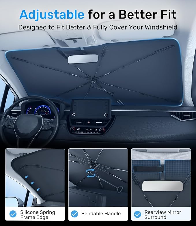 Zanch 2026 Upgraded Car Windshield Sun Shade [Cool Down by 75℉ ] with Heat Insulation Coating, Foldable Sunshade Umbrella with Flexible Handle & Ribs, Extra Small (51''x29'') for Compact Cars
