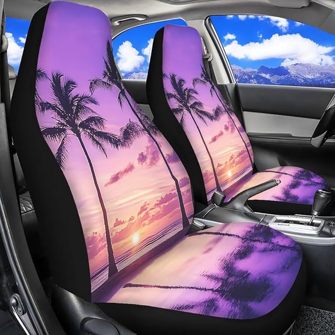 Palm Trees Sunset 11 Pack Car Seat Covers Sets Car Front Seat Cover Auto Seat Belt Cover Rear View Mirror Cover Cup Coasters Keychain Holder Universal Fit Most Cars SUV