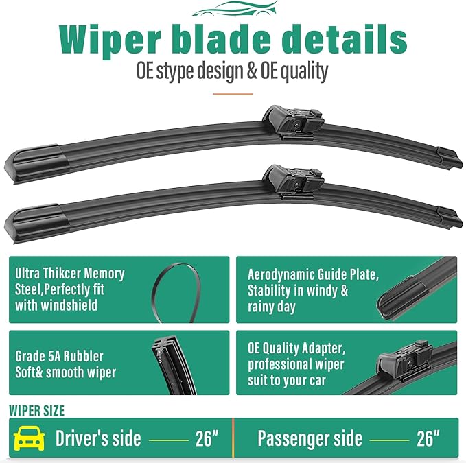 26" 26" 12" Windshield Wiper Blades Replacement for Chevrolet Chevy Bolt EV (Not for EUV) 2017 2018 2019 2020 2021 2022 2023 Premium All Weather Front Rear Wipers Set - OEM Quality (Pack of 3)