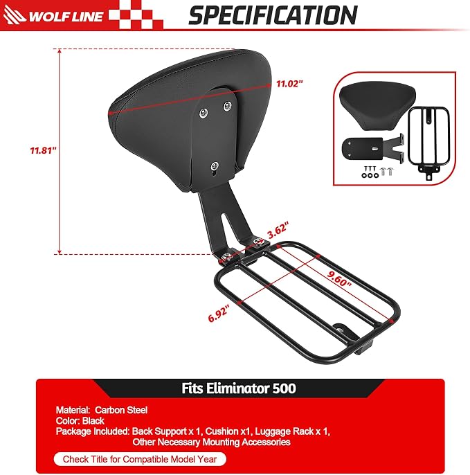 Sissy Bar Fit for Eliminator 450 500 EL450 2024-2026 with Luggage Rack | Motorcycle Detachable Quick Driver Backrest Rear Rest Heavy Duty Steel High Density Foam Weatherproof