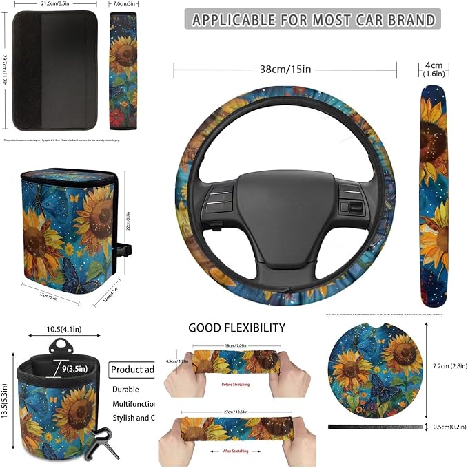 Dreaweet Starry Sky Sunflower Car Seat Covers Full Set for Women Universal Car Accessories - Steering Wheel Cover Seatbelt Covers Car Coasters Trash Bag Vent Storage Bag Rearview Mirror Cover Keychain
