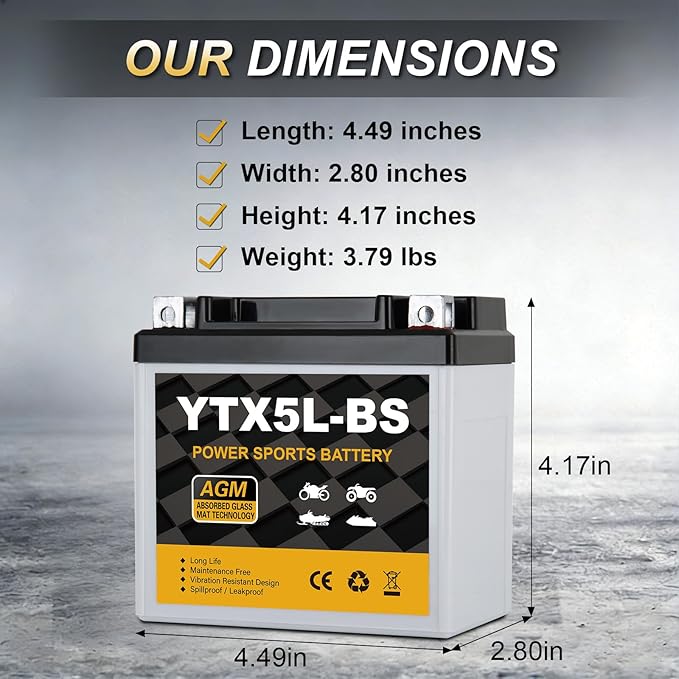 DaakmaxYTX5L-BS Motorcycle Battery 12V 4Ah, 80 CCA Sealed AGM Rechargeable Maintenance Free Battery, Replacement for ATV, 4 Wheeler, Scooter, Dirt Bike