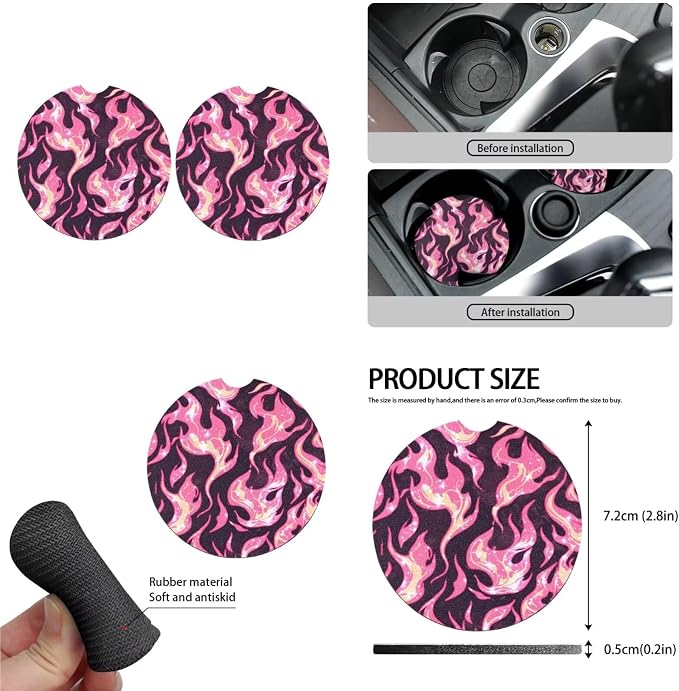 Pink Flame Graphic 13 Set Car Seat Cover, Color Fire Print Cup Holder Coasters Headrest Cover, 3D Flame Graphics Steering Wheel Cover Seat Belt Cover Keychain