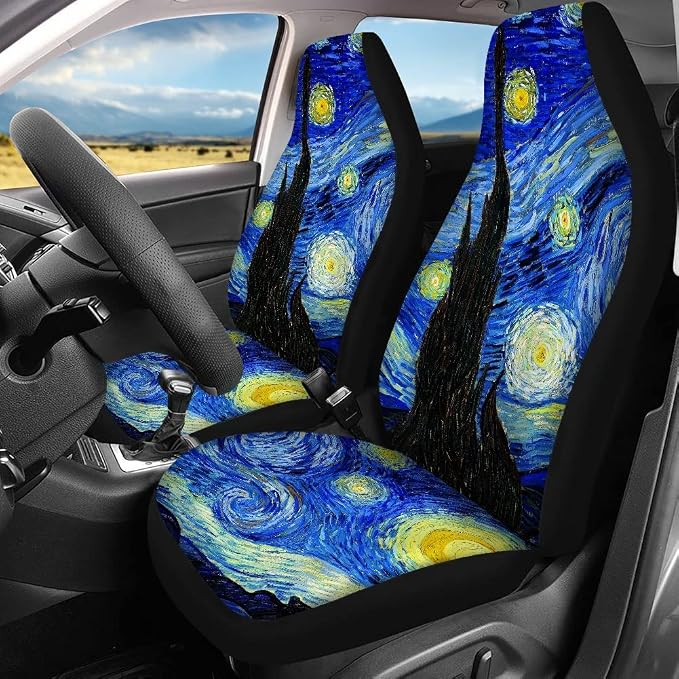 Xoenoiee Universal 11 Pack Car Seat Cover Front & Rear Protector SUV Car Full Set for Women with Steering Wheel Cover + Seat Belt Cover+ Cup Coasters+ Key Chains - Van Gogh Starry Night