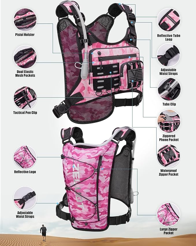 Zelvot Running Vest with 2L Water Bladder, Hydration Backpack, U.S. Design Patent, Lightweight Hydration Pack with Gear Holder, Reflective Chest Pack for Men Women