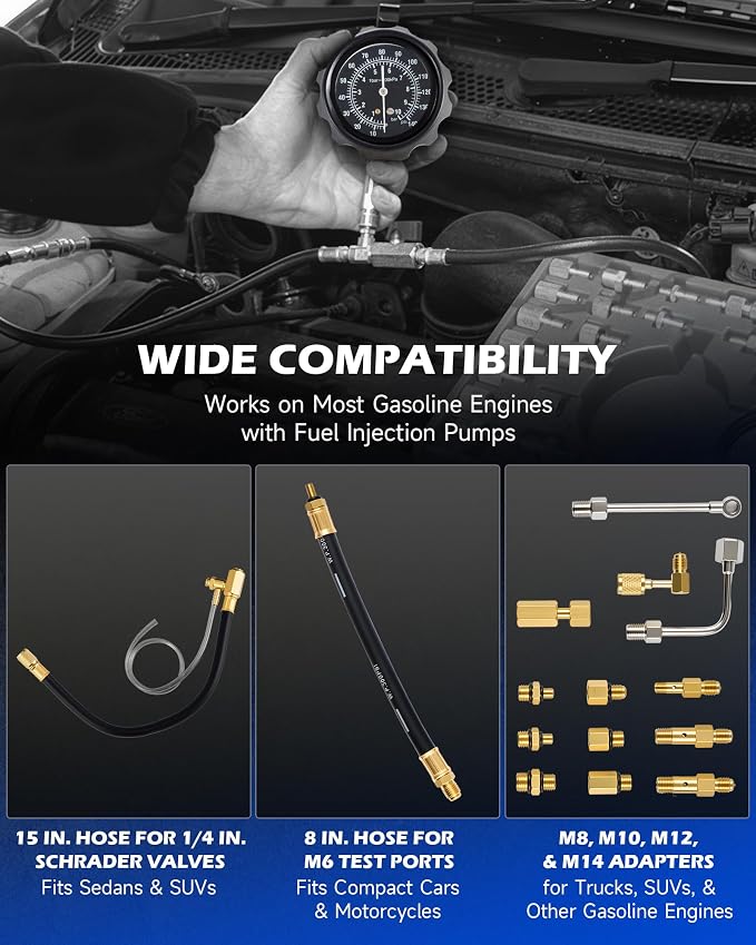 Orion Motor Tech Fuel Pressure Test Kit, Fuel Pressure Tester with 0-140 psi Injection Pressure Tester Gauge Hoses Adapters, Fuel Pressure Gauge Kit Gasoline Car Truck Motorcycle Diagnostic Tool