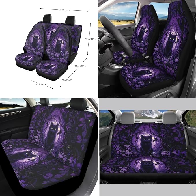 Suobstales Cat Bat Maple Leaves Print Car Seat Covers Front Back Split Bench Protector Halloween Decor for SUV Truck Van, Steering Wheel Covers, Seat Belt Covers, Coasters, Keychainfor Women Men