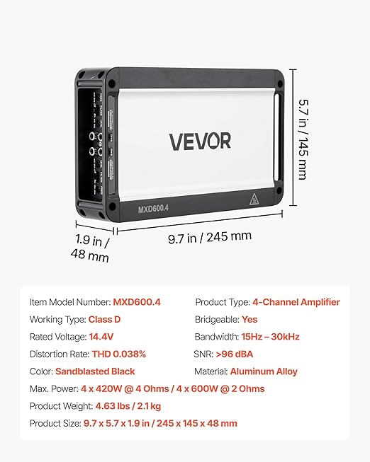 VEVOR 4 Channel Car Audio Amplifier 2 Ohm Stable Bridgeable Class D Full Range Amp Max Power 4 x 420W @ 4 Ohm / 4 x 600W @ 2 Ohm for Car SUV Truck Off-Road