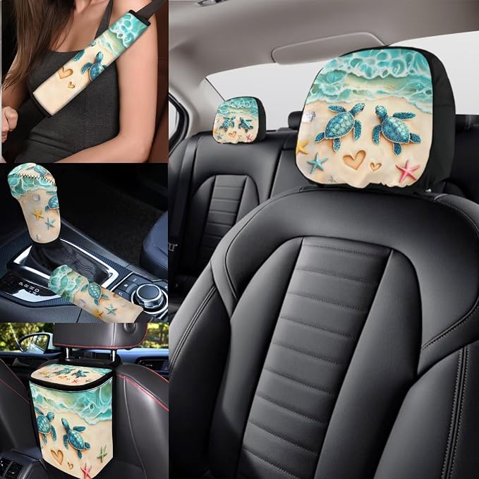Sea Turtle Car Seat Covers Set Full Set with Rear View Mirror Cover,Green Sea Turtle Car Aaccessories of 17 Pcs,Universal Auto Interior Decor with Head Rest Covers,Car Trash Can for Women Man