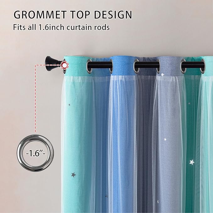 XiDi Blue Green Grey Curtains 96 Inches Long for Girls Bedroom 2 Panels Set, Blackout Rainbow Grommet Curtains for Kids Room Decor, Unicorn Wall Decals Drapes for Little Girl Nursery 34 Inches Wide