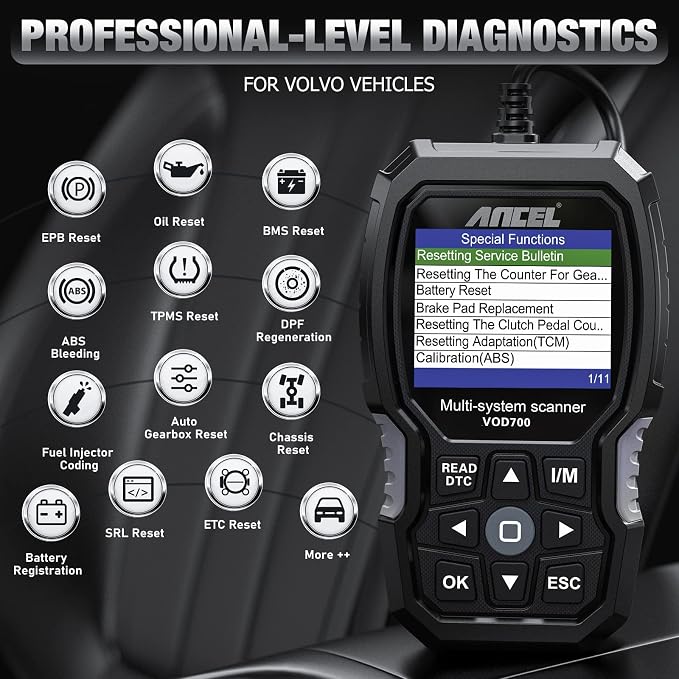 ANCEL VOD700 All System OBD2 Scanner for Volvo Car Code Reader Full Function Diagnostic Scan Tool ABS Bleeding Injector Oil ETC SRL BMS EPB TPMS DPF Reset Tool with Storage Bag
