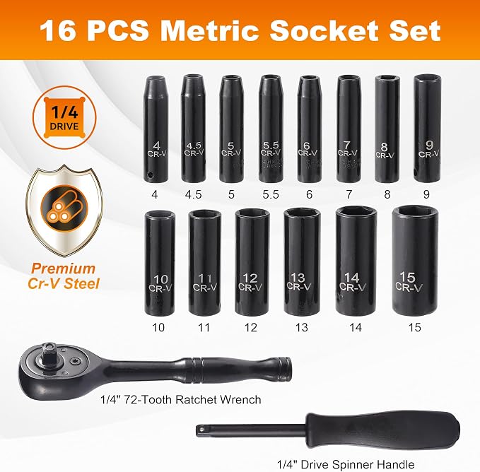 Reniteco 16-Piece 1/4" Drive Socket Set, Metric (4mm-15mm), Deep Sockets, 72-Tooth Ratchet Wrench, Drive Spinner Handle, 6 Point Design, Cr-V