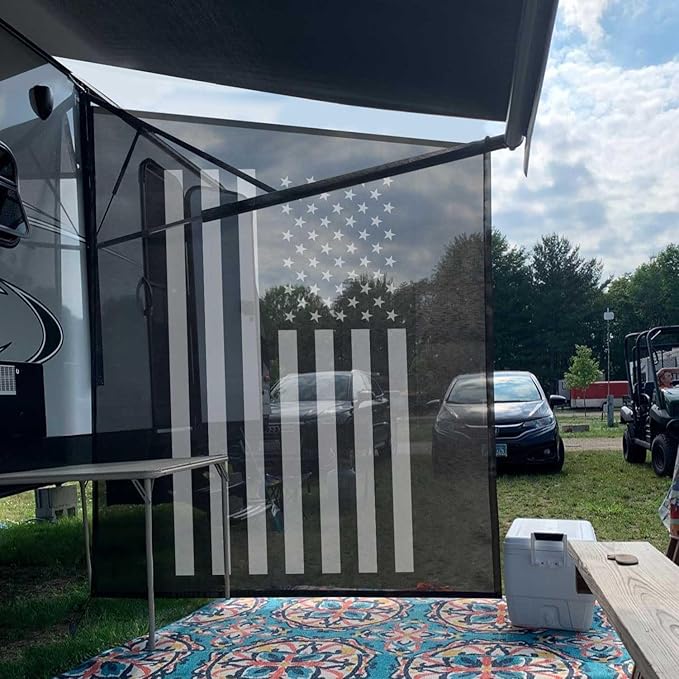 Tentproinc RV Awning Side Shade Screen 9' X 7' - (White American Flag) Black Mesh Sunshade for Motorhome Camping Trailer Awning Sunscreen UV Sun Blocker - 3 Year Warranty