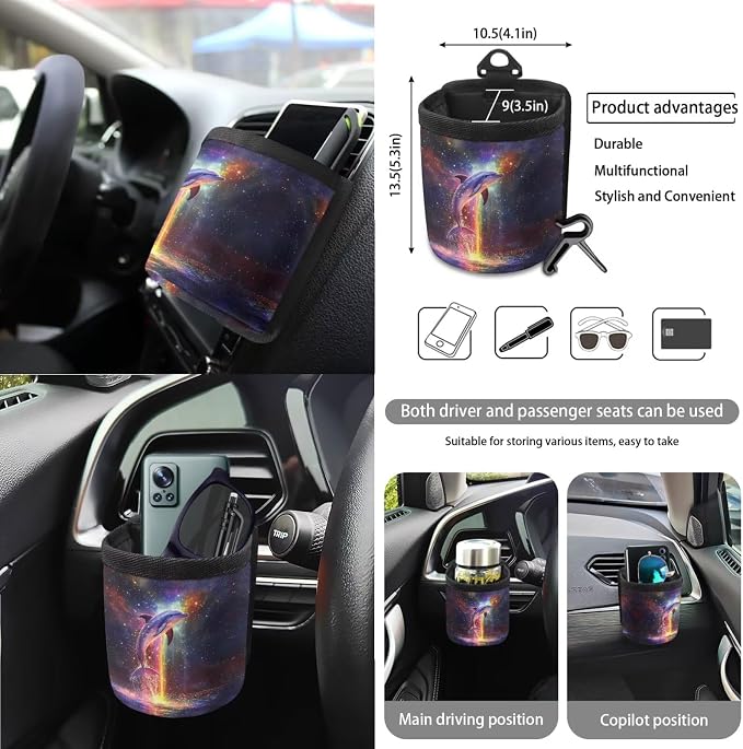 Dolphin Sea Galaxy Print 15 PCS Auto Interior Sets with Front and Rear Seat Covers, Steering Wheel Cover, Seat Strap Pads, Trash Can, Coasters Keychain and Air Vent Storage Bag