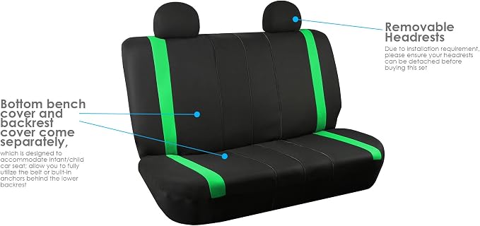 FH Group Automotive Seat Covers Unique Flat Cloth Green Full Set, Combo Steering Wheel Cover and Seat Belt Pads Rear Solid Bench Universal Fit for Vans Cars Trucks and SUV Interior Accessories