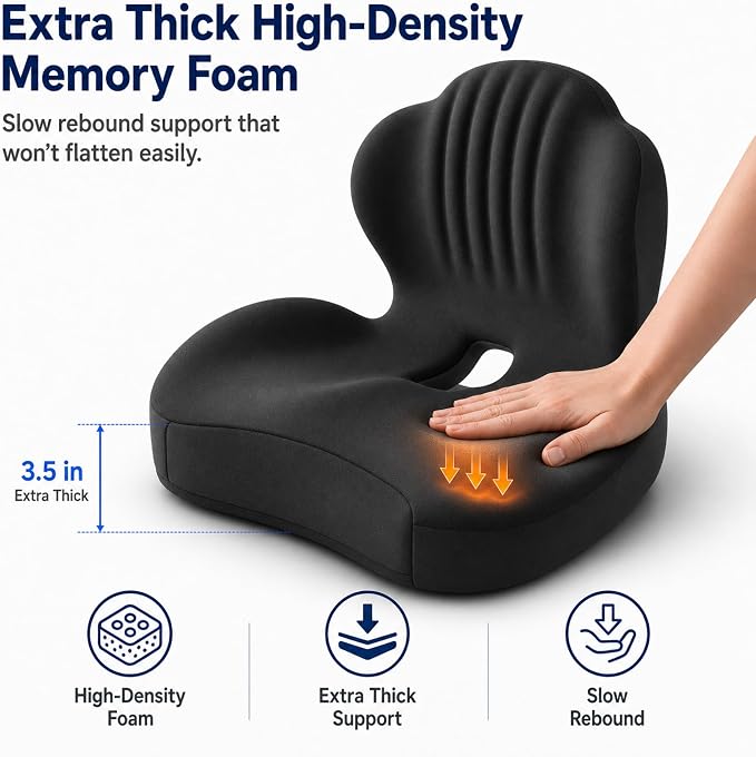 Seat Cushion With Lumbar Support, Extra Thick High Density Ergonomic Seat Cushion For Office Chair And Car Seat, Non-Flattening Memory Foam With Tailbone Pressure Relief And Back Support (Black)