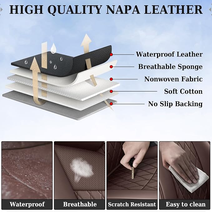 Coverado Tacoma Seat Covers, Leather Car Seat Covers Full Set Custom Fit 2005-2023 Toyota Tacoma Double/Crew Cab, Seat Covers for Cars Car Seat Protector(Brown)