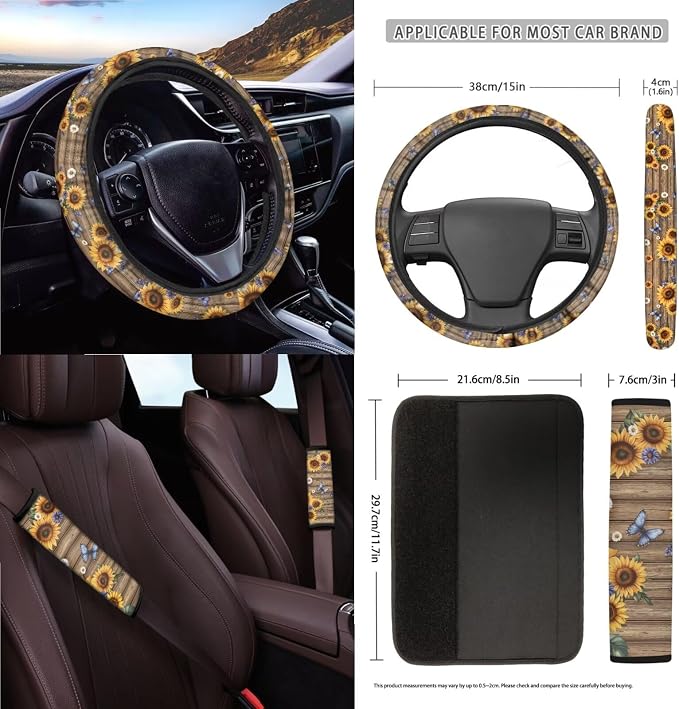 Wood Sunflower Daisy Butterfly Print Full Set Seat Covers, Auto Streering Wheel Cover, Trash Bin, Seat Belt Cover, Keychain, Air Vent Bag, Coasters, Set of 15