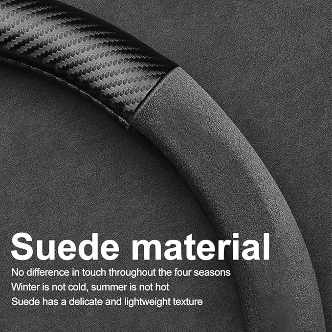 D Shape Suede Carbon Fiber Steering Wheel Cover, Compatible with Ford Edge Escape Fusion Explorer Focus 15 inch Flat Bottom Soft Suede Leather Sport Non-Slip Interior Accessories