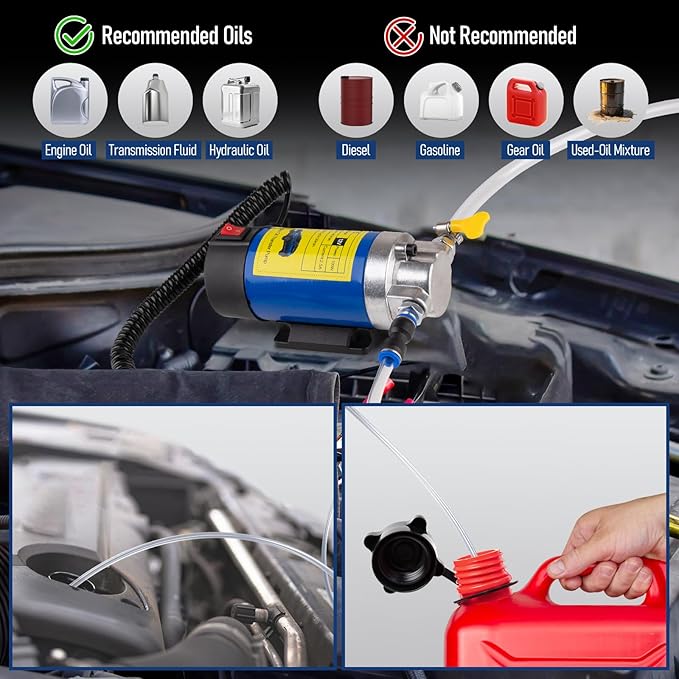 Oil Extractor Pump 12V 100W, Ultra-Quiet Fluid Transfer Pump for Engine Oil, Transmission Fluid, Gear Oil Change - Self-Priming Oil Change Pump for Car, Boat, Motorcycle, Mower, RV (3 Hoses+Adapters)