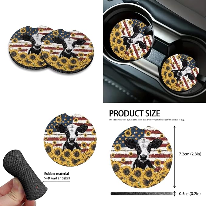 Cow Sunflower Amrican Flag Pattern Car Accessories Set of 10 Front and Back Seat Covers Cup Coasters Car Trash Can Steering Wheel Cover Keychain Air Vent Storage Bag Interior Covers for Auto