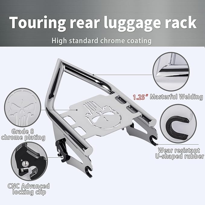 Detachable Luggage Rack for Harley Touring 2009-2026 Street Road Electra Glide/Road King, Chrome（Skull）