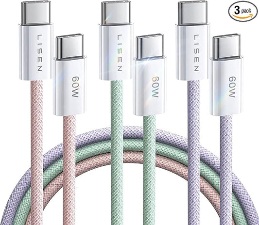 LISEN USB C Cable, 3-Pack [10/10/10FT] USBC to USBC Cable for iPhone 16e 15 Pro Max Charger Cord, 60W (3.1A) C to C Cable Fast Charging for Samsung S25/S24/23, Switch 2, iPad, MacBook