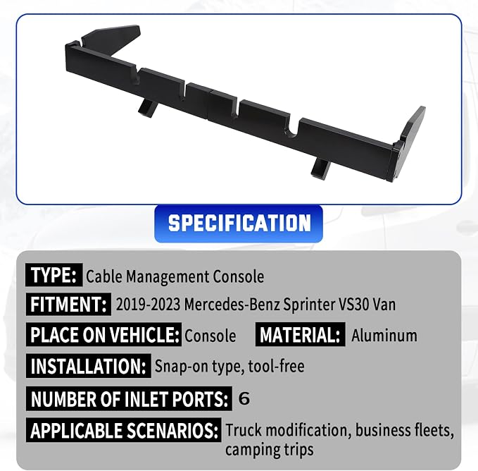 Dash Organizer with 6-Port Cable Management for 2019-2023 Mercedes Sprinter VS30 Vans, Snap-in Installation, Upgrade Your Van Conversion Interior