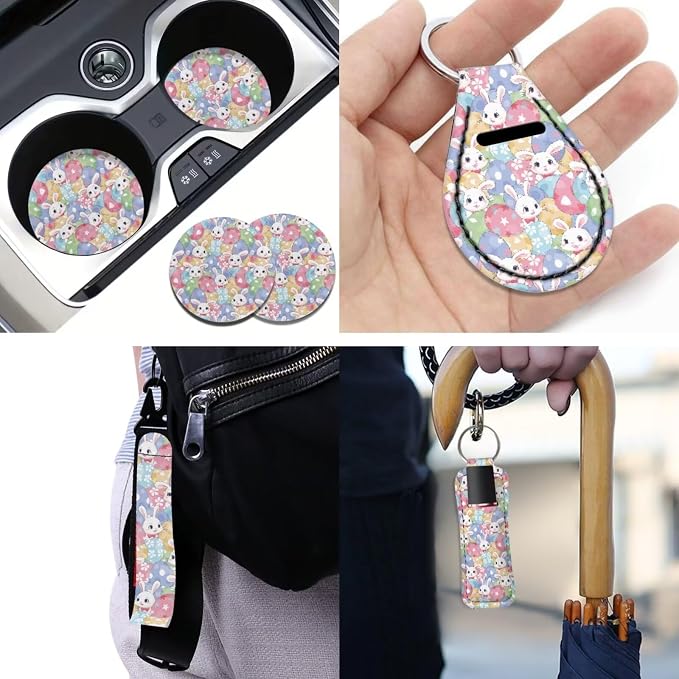 Easter Day Car Accessory Easter Rabbit Car Seat Covers Full Set Easter Egg Colorful Auto Steering Wheel Cover Keychain Seat Belt Pad Universal Fit,All Weather Protection 12Pcs,for SUV Truck
