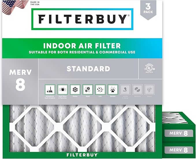 Filterbuy 25x25x2 Air Filter MERV 8 Essential Dust & Allergy Defense (3-Pack), Electrostatic Pleated HVAC AC Furnace Filters Replacement (Actual Size: 24.50 x 24.50 x 1.75)
