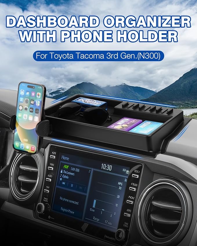 Autorder Phone Holder Mount for Toyota Tacoma 2016-2023 Accessories Center Console Dashboard Organizer with Gopro Mount 360° Rotation Phone Stand with Anti-Slip Mat Hands-Free Shockproof