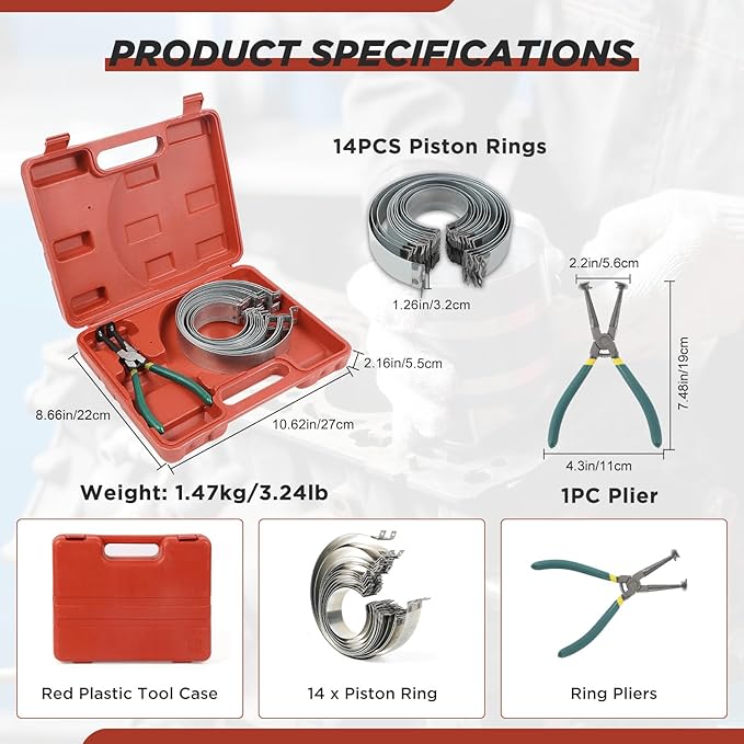 Automotive Piston Ring Compressor Tool, Car Engine Piston Ring Compressor Pliers Set with 14 pcs Piston Rings & with 1 Pliers Repair Tool Kit for Car Truck Auto Engine