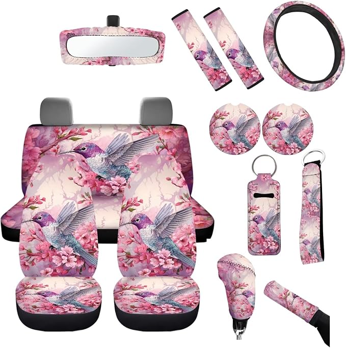 14 Pcs Pink Hummingbird Car Seat Cover Accessory Full Set,Neoprene Steering Wheel Cover/Mirror Cover/Gear Shift Knob&Handbreak Cushion/Coaster/Key+Auto Interior Accessory Protection