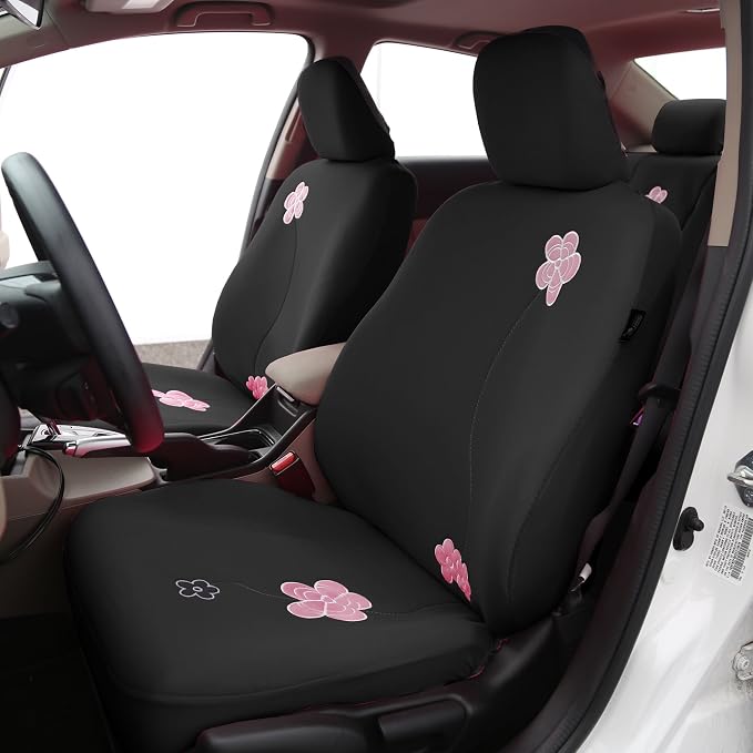 FH Group Car Seat Covers Floral Seat Covers Full Set – Universal Fit for Cars Trucks & SUVs (Black) FB053115 + F11306