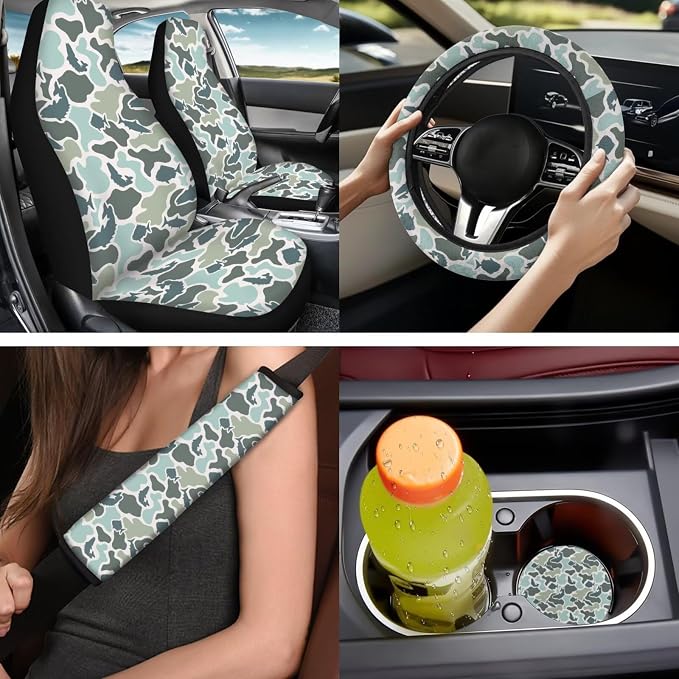 Bulopur Blue Fish Camo Auto Seat Covers with Car Steering Wheel Cover Car Armrest Cushion Pads Headrest Covers Vehicle Seat Belt Covers Automotive Accessories for SUV Truck Van