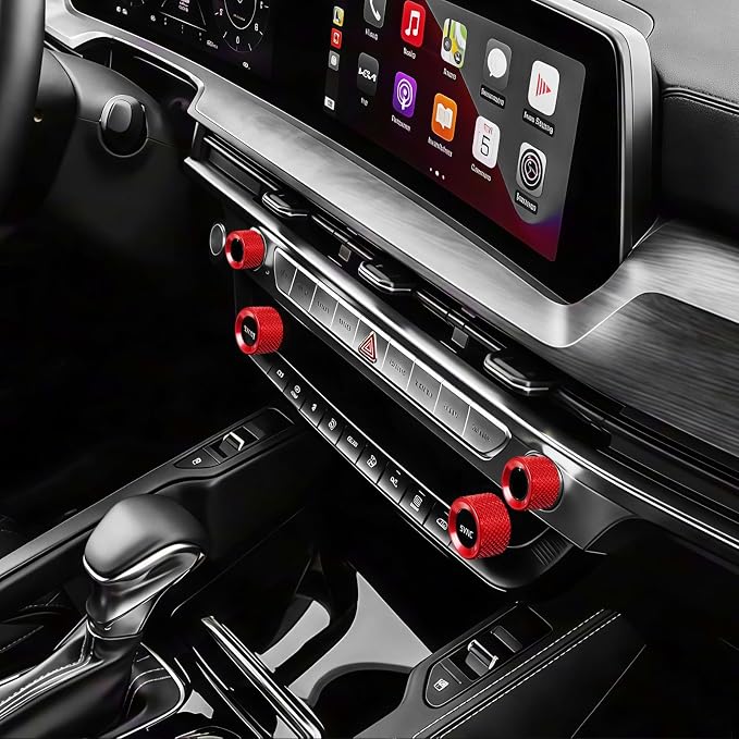5PCS Aluminum Car Drive Mode Gear Shift Switch Cover,Radio Audio Volume Adjustment Knob Cover,AC Switch Button Knob Cover Compatible with Kia Telluride 2020-2024 Accessories (Red)