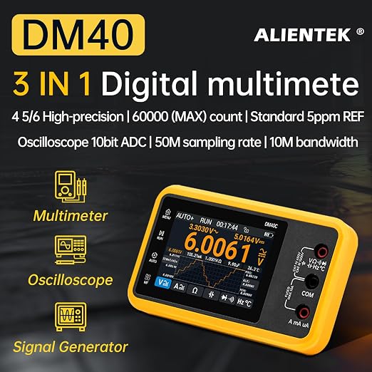 DM40 Series 3-in-1 Digital Multimeter, 59999 Counts True RMS Oscilloscope Signal Generator, Handheld High Precision Touch Screen Tester for Electronics/Auto/DIY(DM40B)