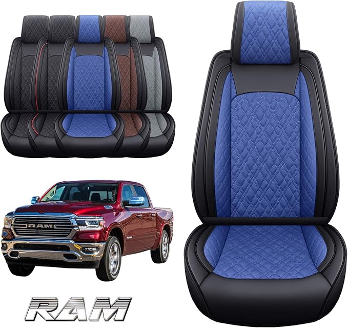 YIERTAI Car Seat Covers for Dodge Ram Fit 2009-2026 1500 2010-2026 2500 3500 Classic Bighorn Longhorn Laramie Tradesman Truck Blue Front