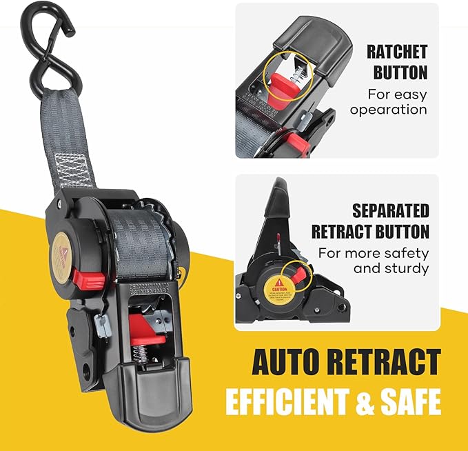 Ayaport Boat Retractable Tie Downs Boat Trailer Straps Ratcheting 1.5 inch x 6ft Bolt-on Transom Tie Down Strap to Trailer - 2200lbs Break Strength, Heavy Duty Ratchet Straps