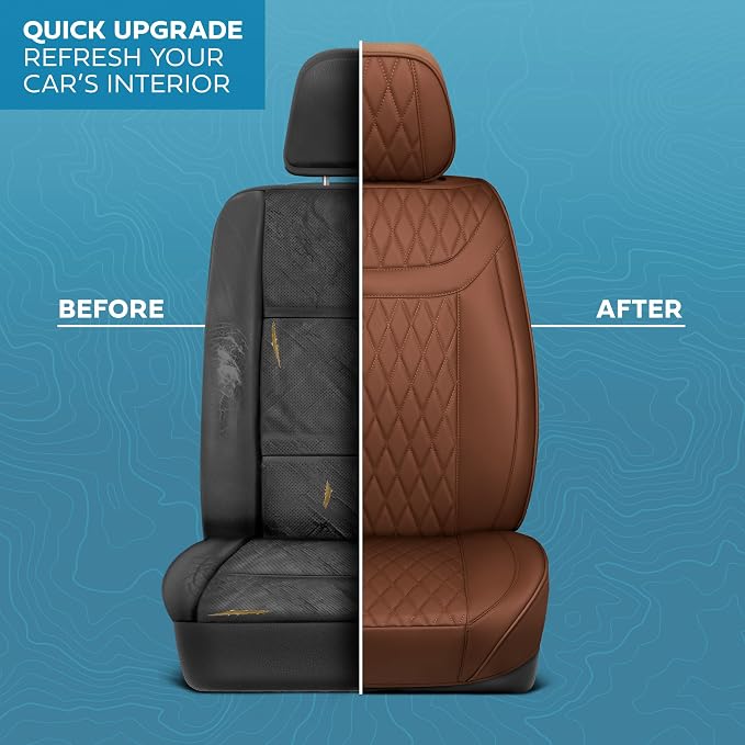 MotorBox Creekstone Series – PU Leather Seat Covers for Cars, Creekstone Series Cross-Stitch Edition Front Seat Covers, Diamond Stitched PU Leatherette Brown Car Seat Covers for Cars Trucks SUVs