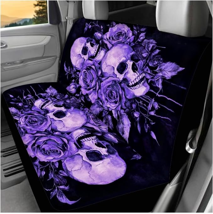 Ystardream Purple Skeleton Car Seat Covers Full Set - 11 Pcs Automotive Accessories with Rubber Steering Wheel Cover, Auto Seat Belt Covers & Keychain, Gothic Style Universal Fit for Night Driving