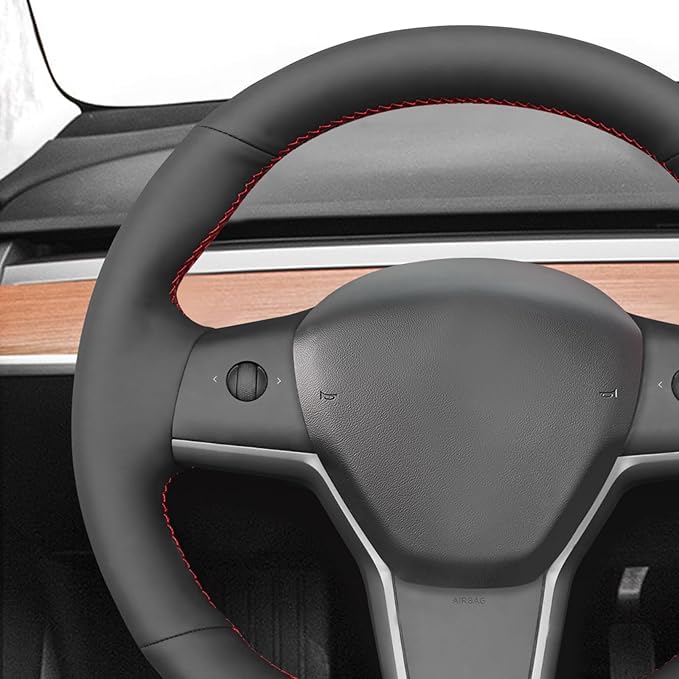 MEWANT DIY Black Smooth Artificial Leather Steering Wheel Cover Wrap for Tesla Model Y 2020-2023 Model 3 2017-2023