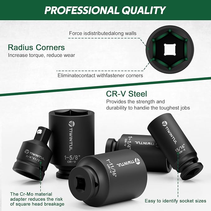 11Pcs Axle Nut Socket Set, 1/2 Drive SAE Impact Socket 15/16 to 1-3/4, CR-MO 3/4 to 1/2 Adapter, 6-Point Design Heavy Duty Socket Set for Large Auto Repairs, Agricultural implement